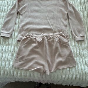 ZESICA Waffle Knit Lounge Set XL Long Sleeve Top & Shorts Beige